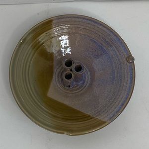 Glazed Studio Art Pottery 3 Tube Ikebana Flower Vase Bowl Artist Signed